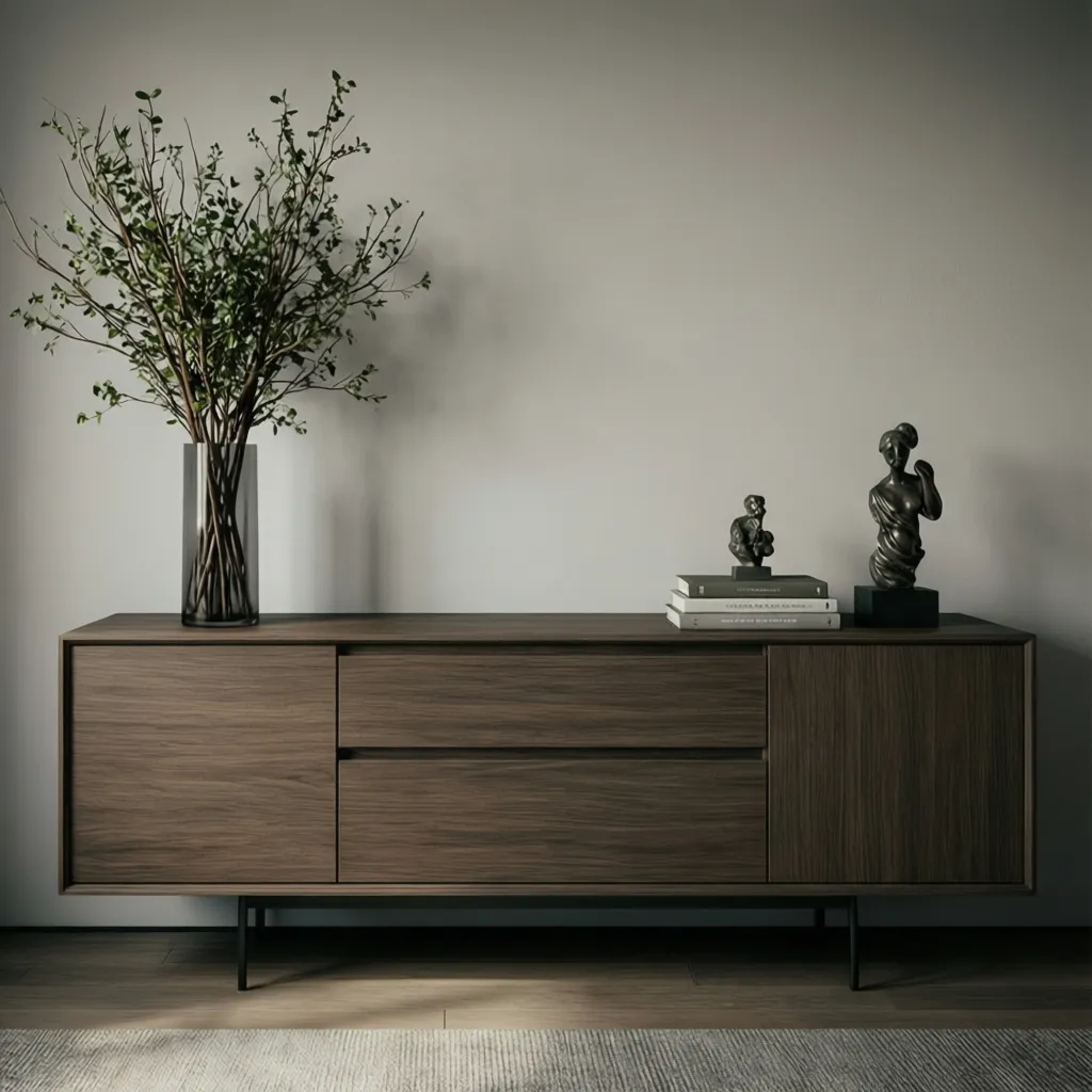 Dining room sideboard styled with grouped decor clusters and balanced spacing