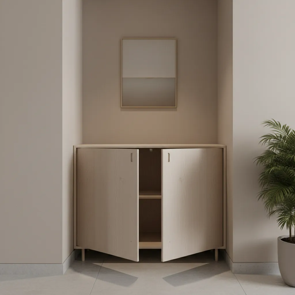 Sideboard cabinet doors opening into tight walkway space