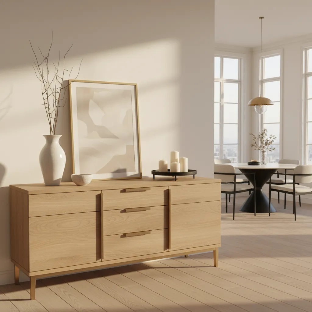 Sideboard decor showing layered heights with vase, artwork, and tray