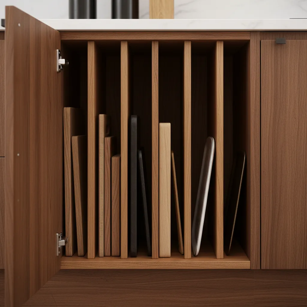 Shelf dividers organizing trays and plates inside a narrow sideboard