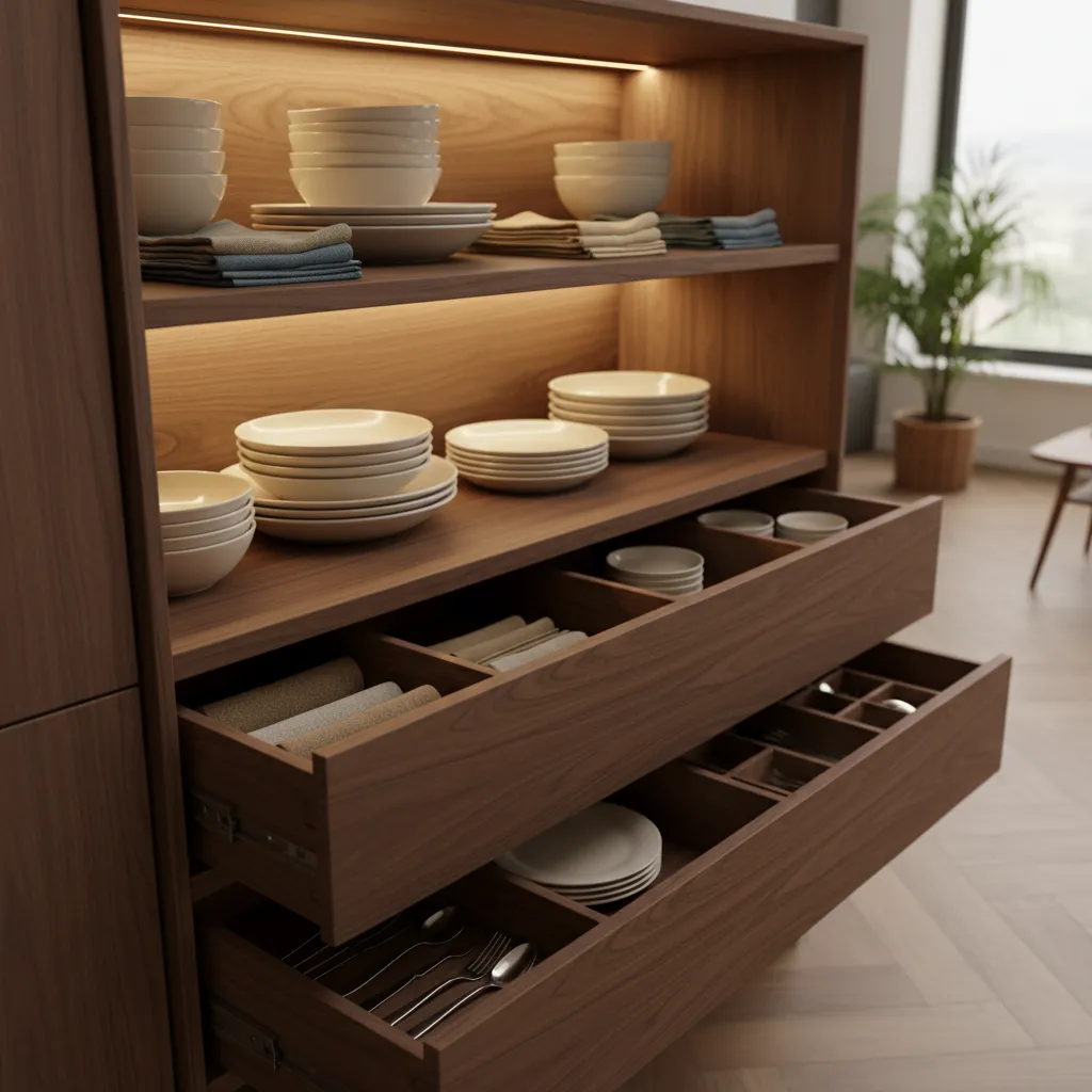 sideboard cabinet with drawers and shelves storing dishes