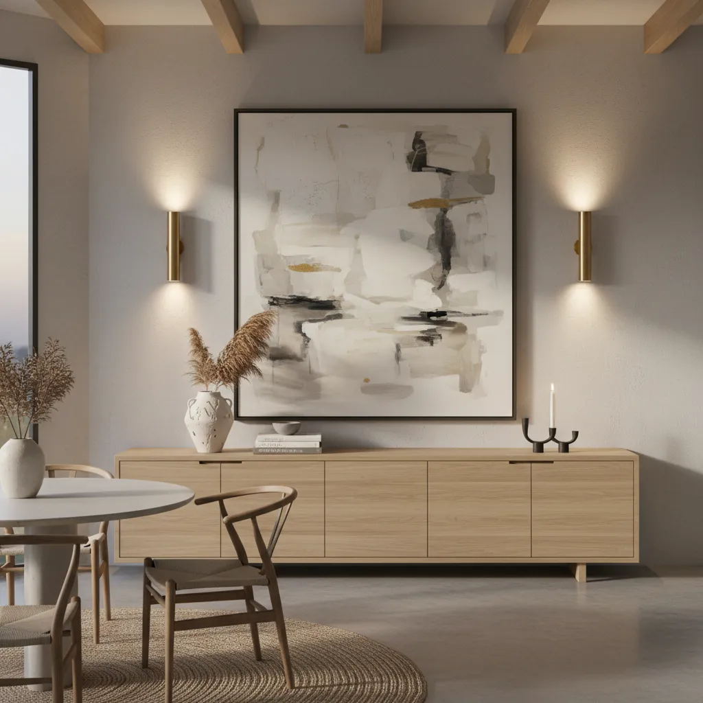 Dining room sideboard with large artwork and wall sconces above