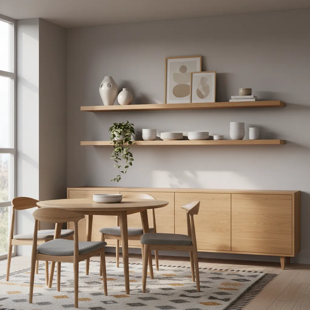 Narrow sideboard paired with floating wall shelves for extra storage