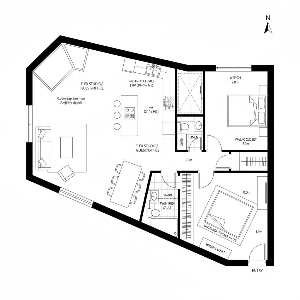 Orthographic plan with diagonal living axis and side flex room
