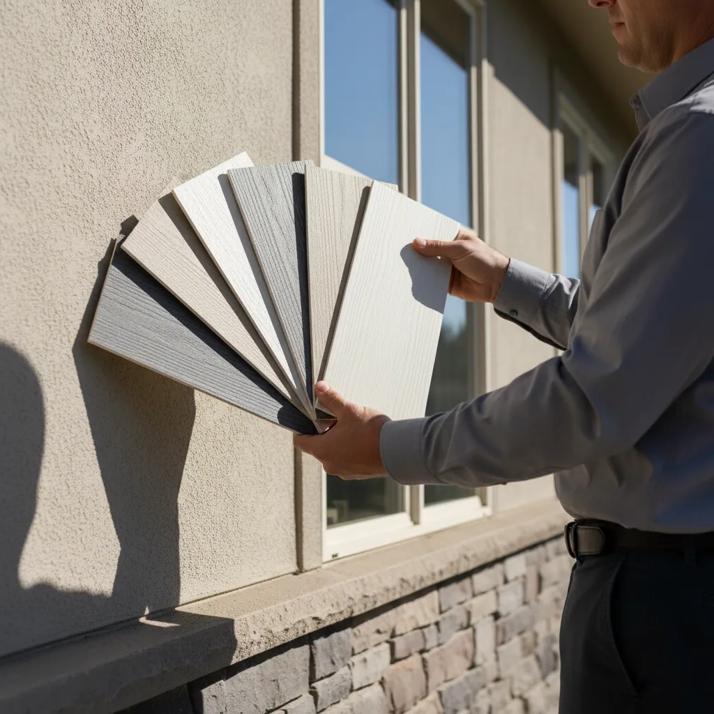 Different siding color samples displayed under outdoor sunlight