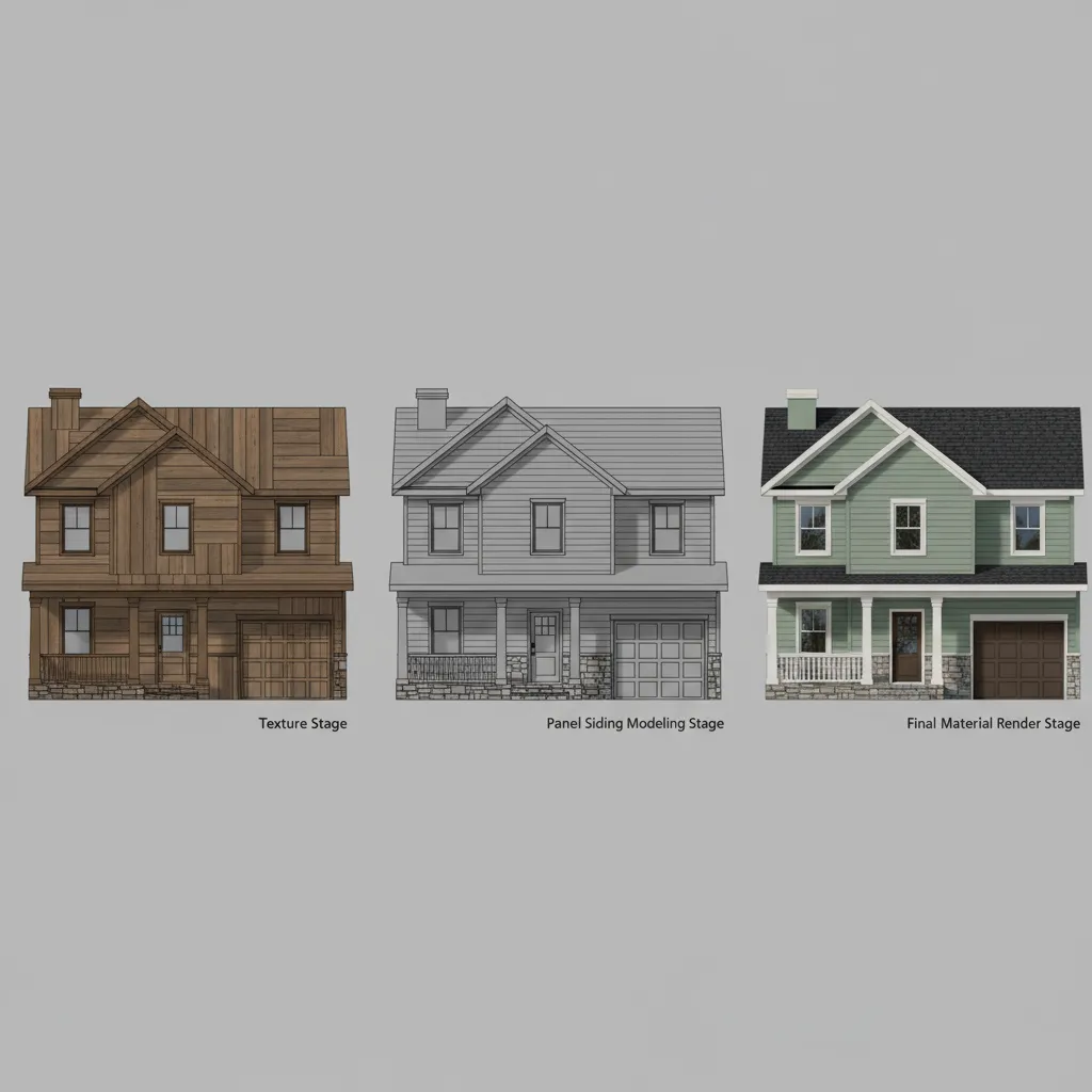 workflow comparison showing texture panel and material siding techniques on a house model