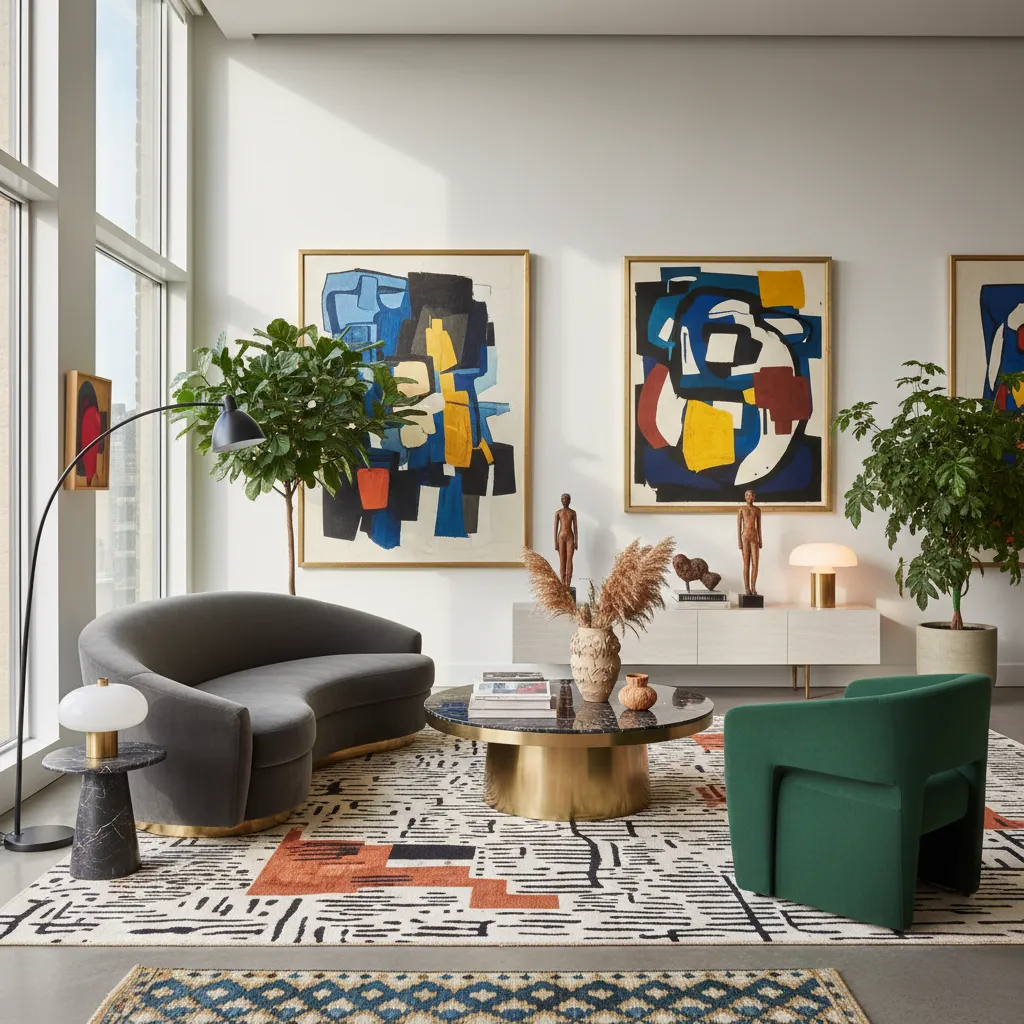 Salón con estilo de interiorismo distintivo y materiales sofisticados