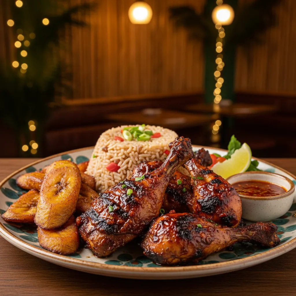 Signature jerk chicken platter served in Caribbean themed restaurant
