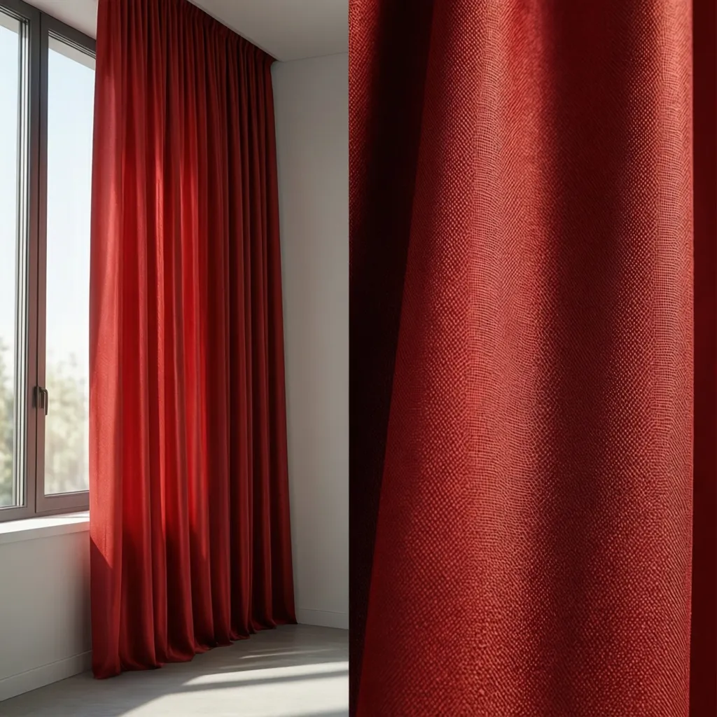comparison of silk and polyester red curtain textures under daylight
