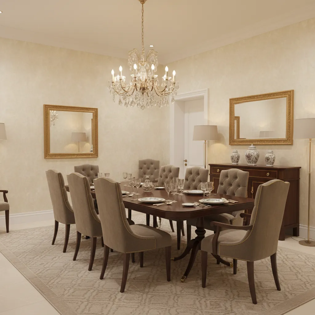 Luxury dining room with elegant silk wallpaper texture and chandelier lighting