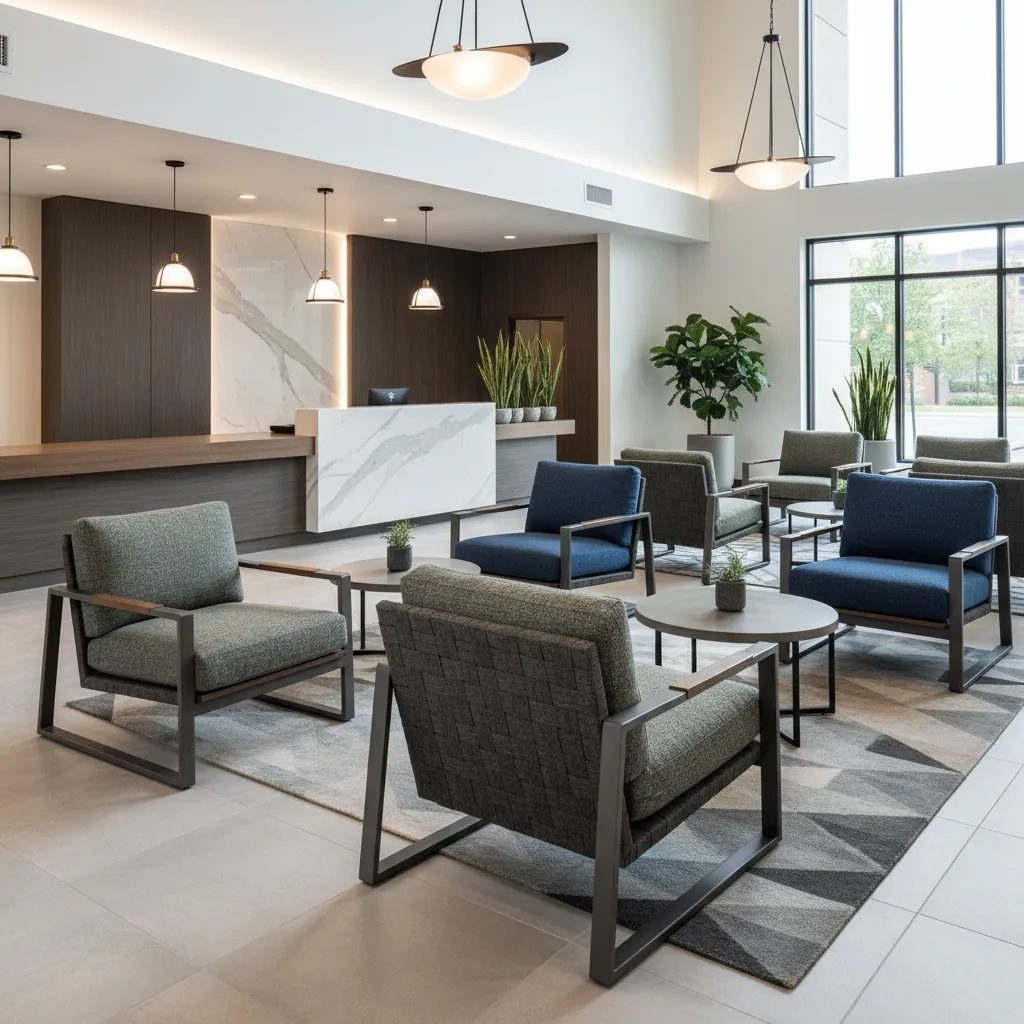 Modern lobby lounge with blue and grey chairs, round coffee tables, marble desk, ceiling lights.