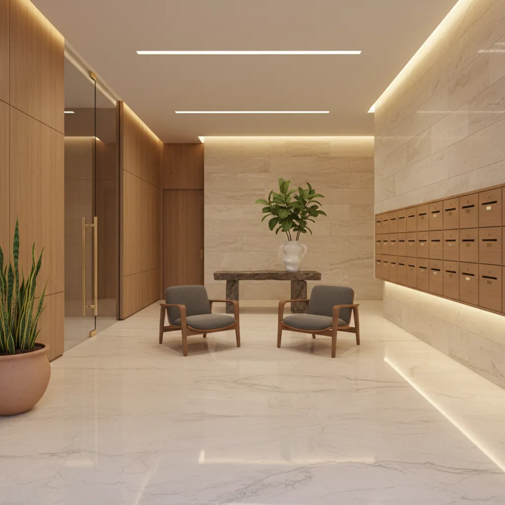 Luxury lobby with marble floor, wooden mailboxes, two chairs, wood wall panels, and ceiling lights.