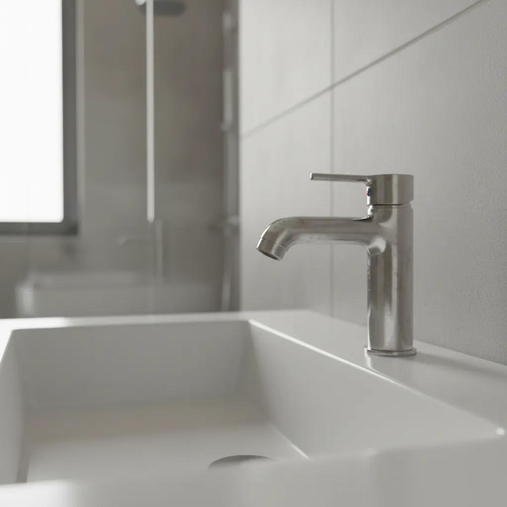 Close view of silver bathroom faucet with visible tarnish on finish