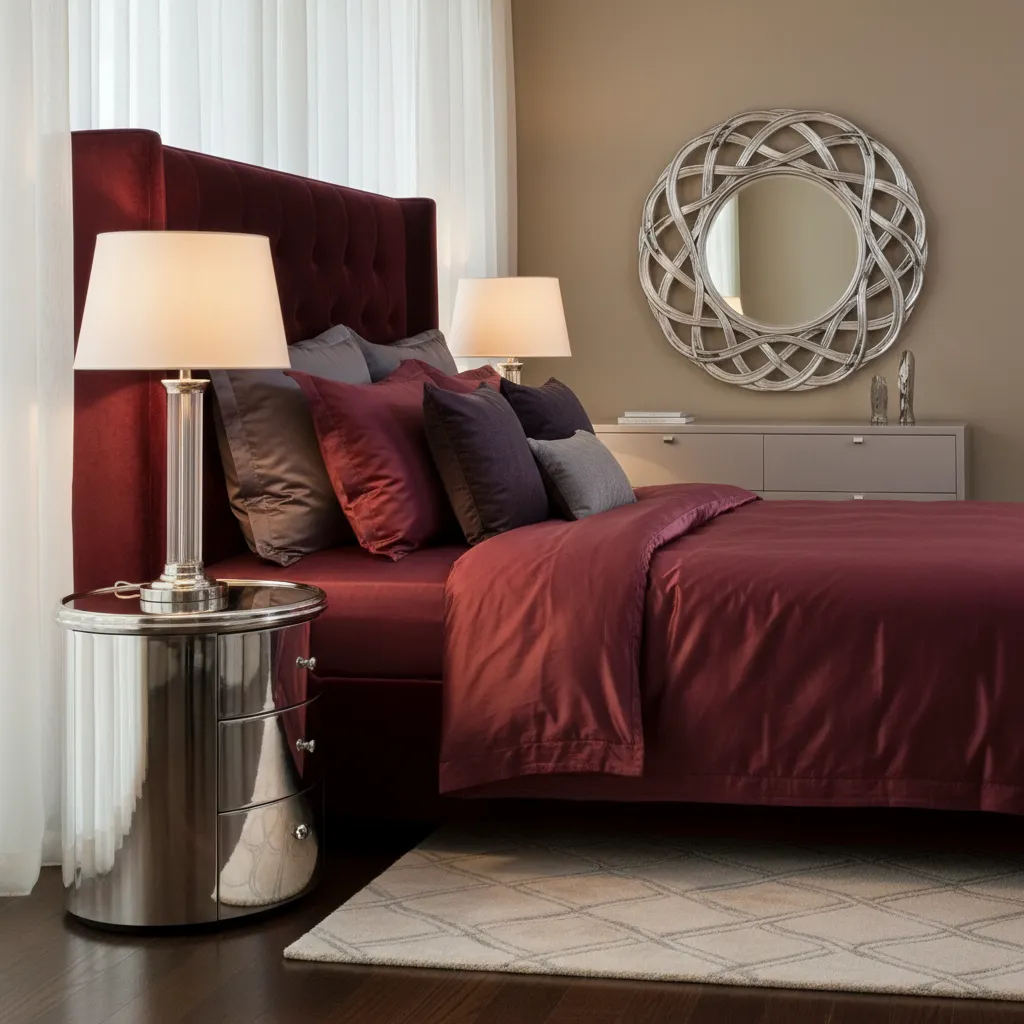 silver decor accents including mirror and lamps in burgundy bedroom