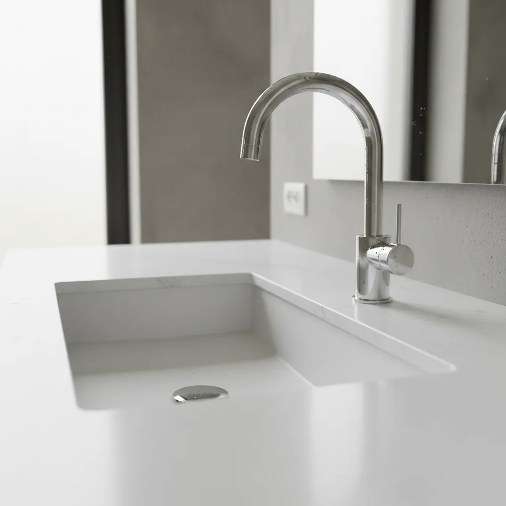 Close-up of shiny silver bathroom faucet on modern sink