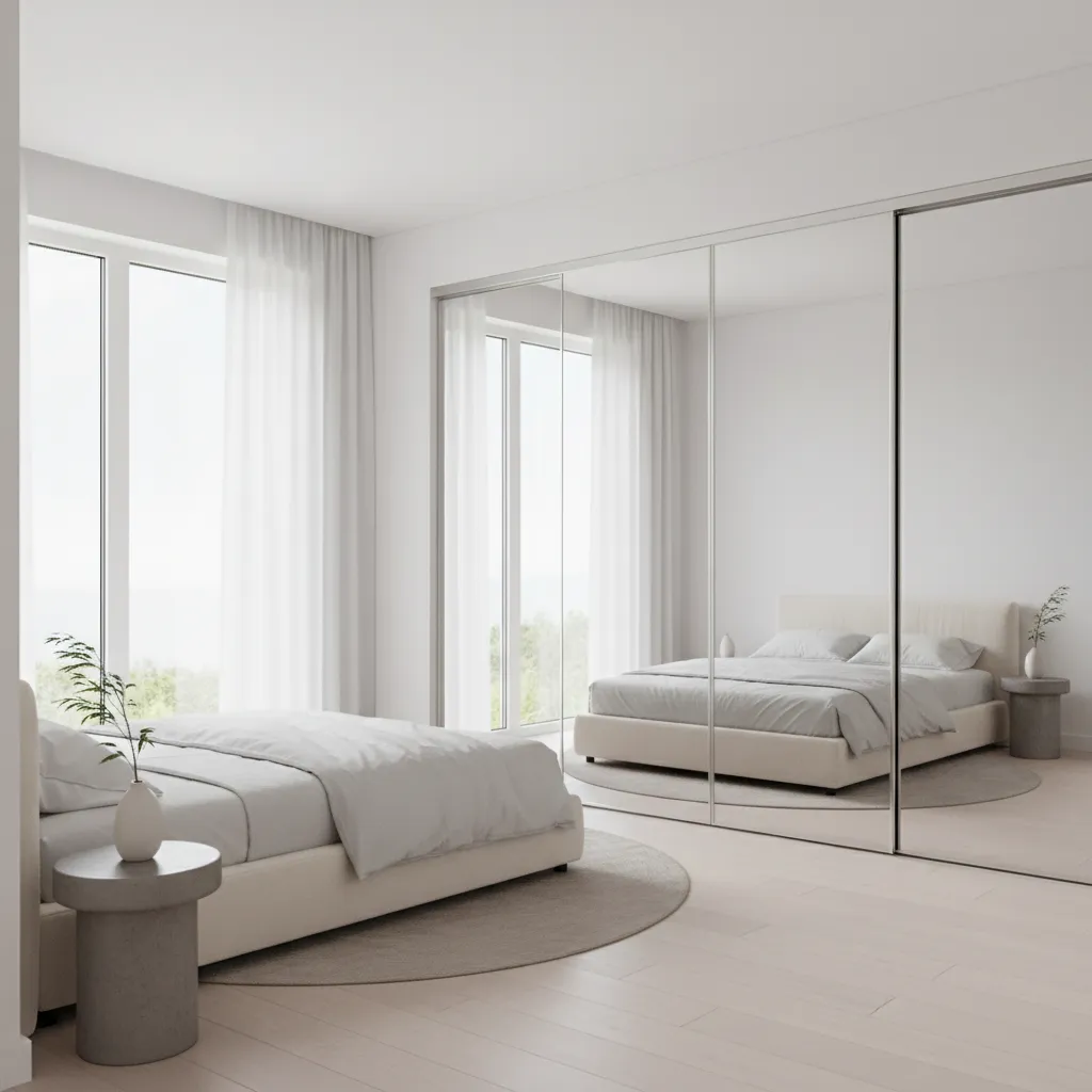Silver mirror closet doors reflecting daylight in bedroom
