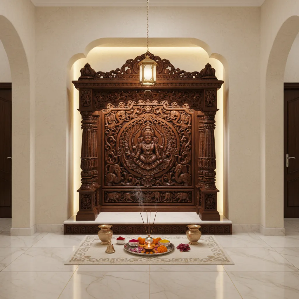 Silver pooja thali placed in a modern home mandir with diya and incense