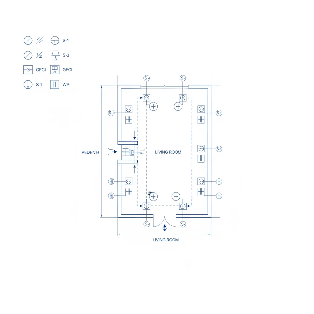 Electrical layout drawing for living room showing symbols for light fixture power outlets and wires