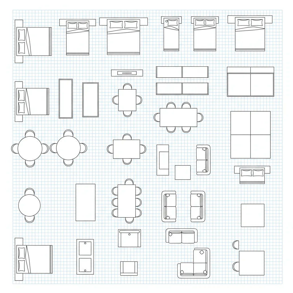Various furniture symbols for floor plans including beds sofas tables and chairs on blue grid