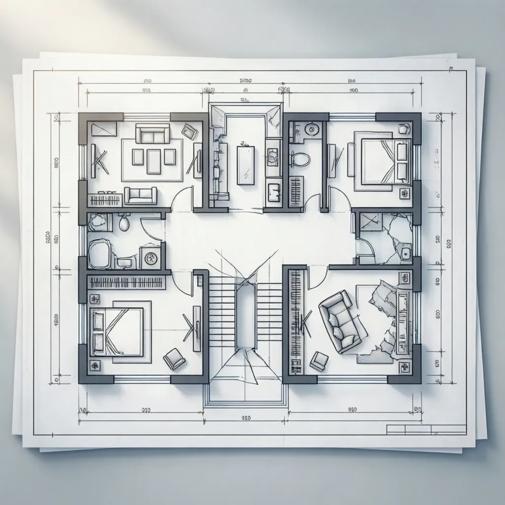 Detailed interior design drawing of a floor plan with dimensions showing various rooms and furniture