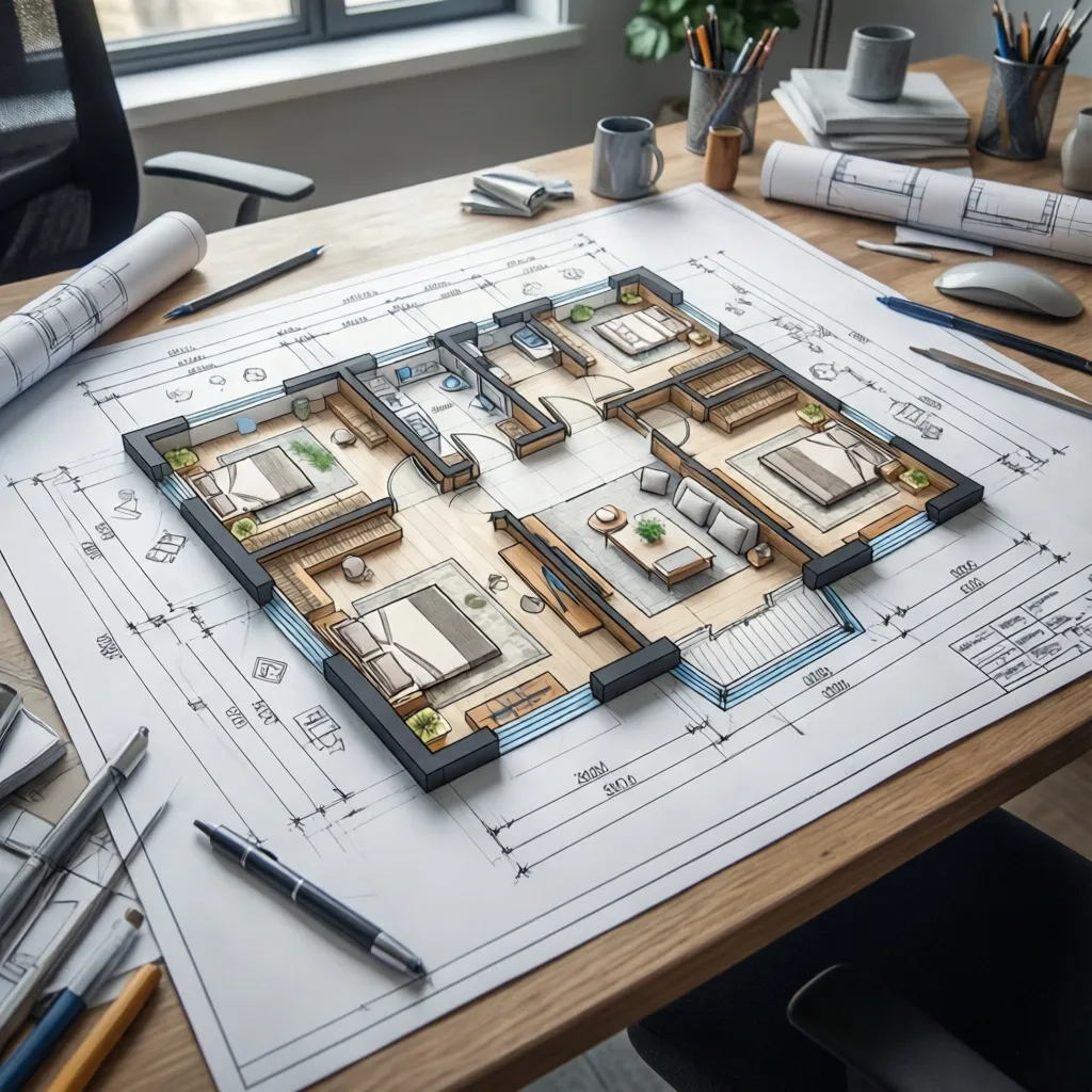 Detailed interior design drawing of a modern apartment layout on a wooden desk with pens