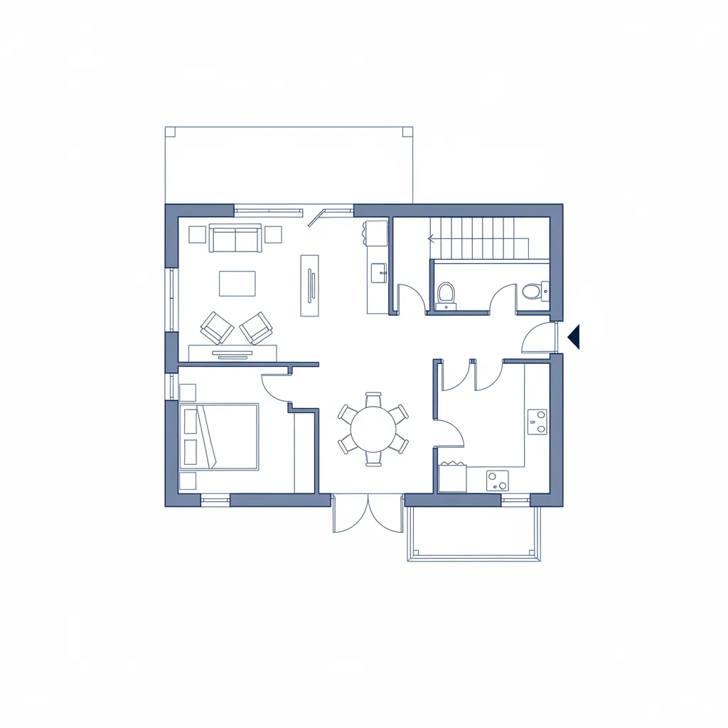 Simple 2D house floor plan showing living room dining area kitchen bedroom bathroom stairs terrace