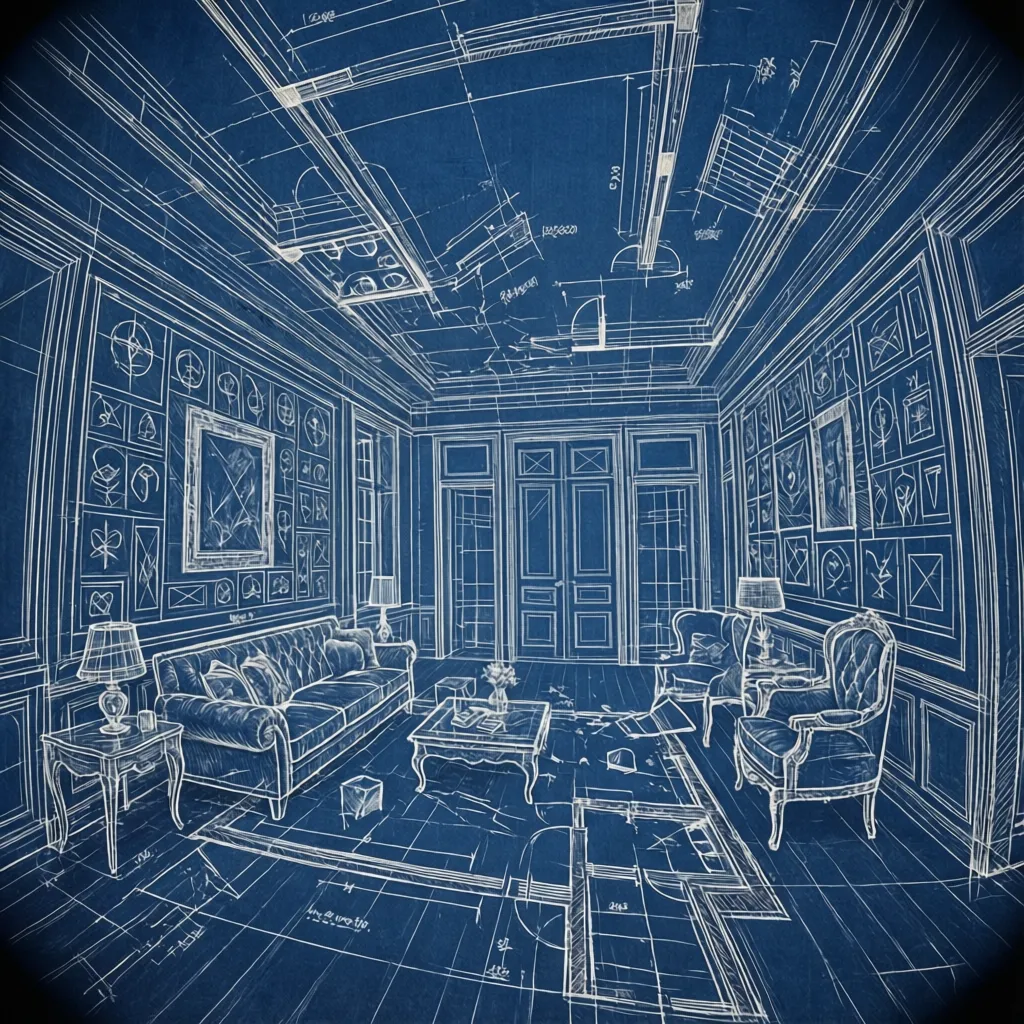 Detailed blue interior design drawing of a living room with sofa chairs table and panels