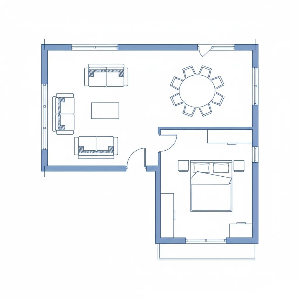 Simple floor plan showing a living room with sofas dining table and a bedroom layout