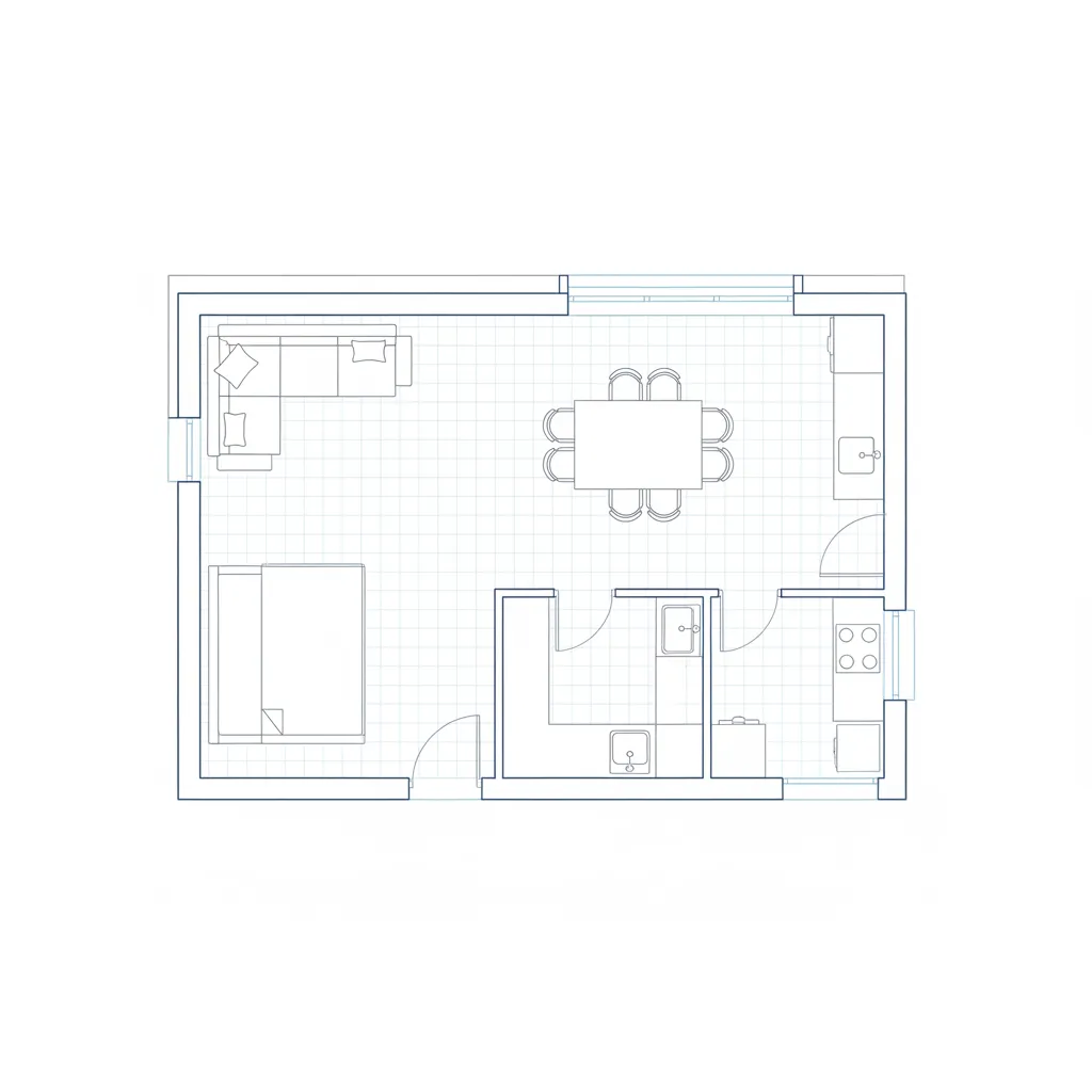 Simple 2D house layout with bedroom sofa dining table and kitchen on a blue grid