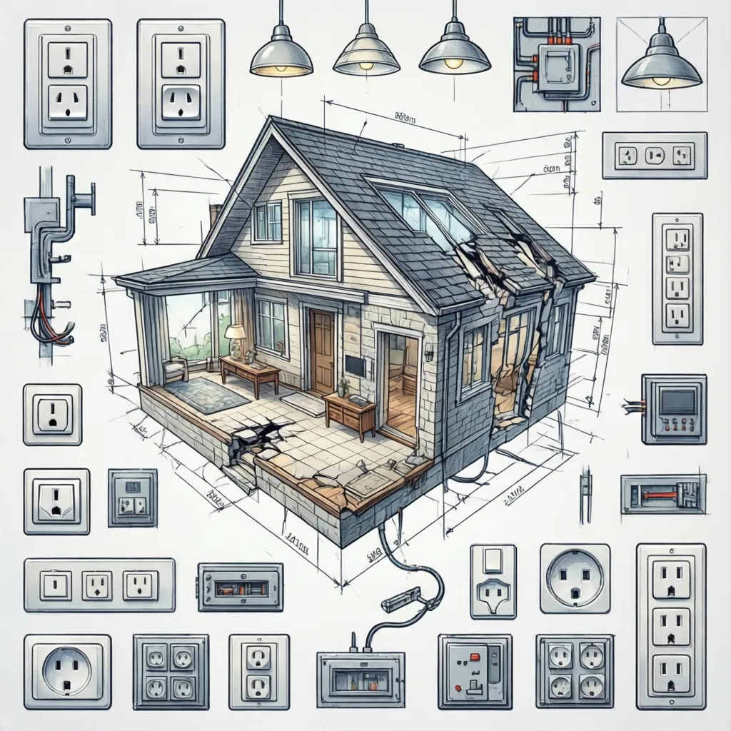 Interior design drawing of a house showing various wall power outlets and light switch symbols