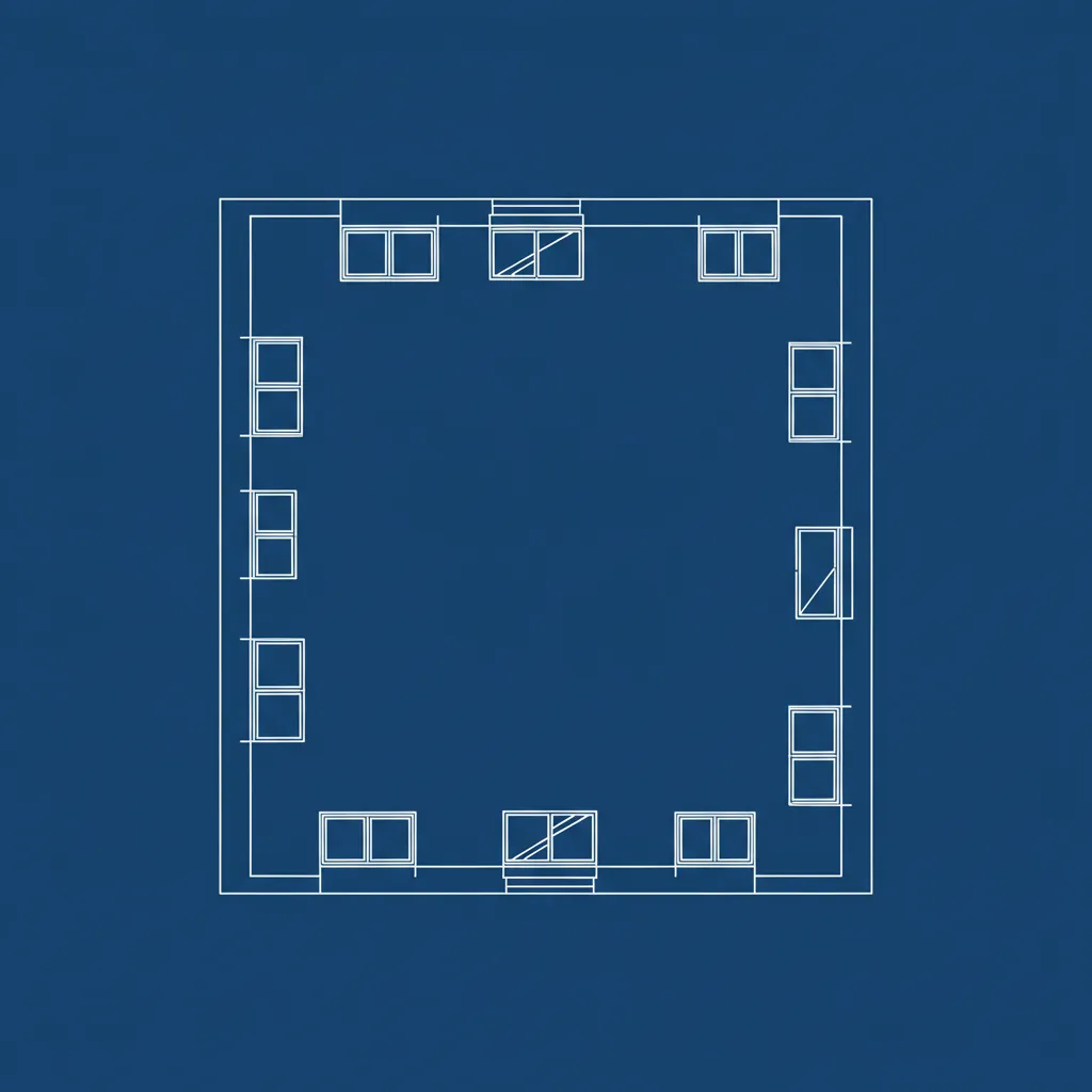 Blueprint style drawing showing white window symbols around an empty square room on blue background