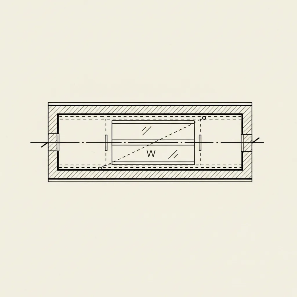 Technical two dimensional floor plan drawing showing a simple window symbol inside a thick wall