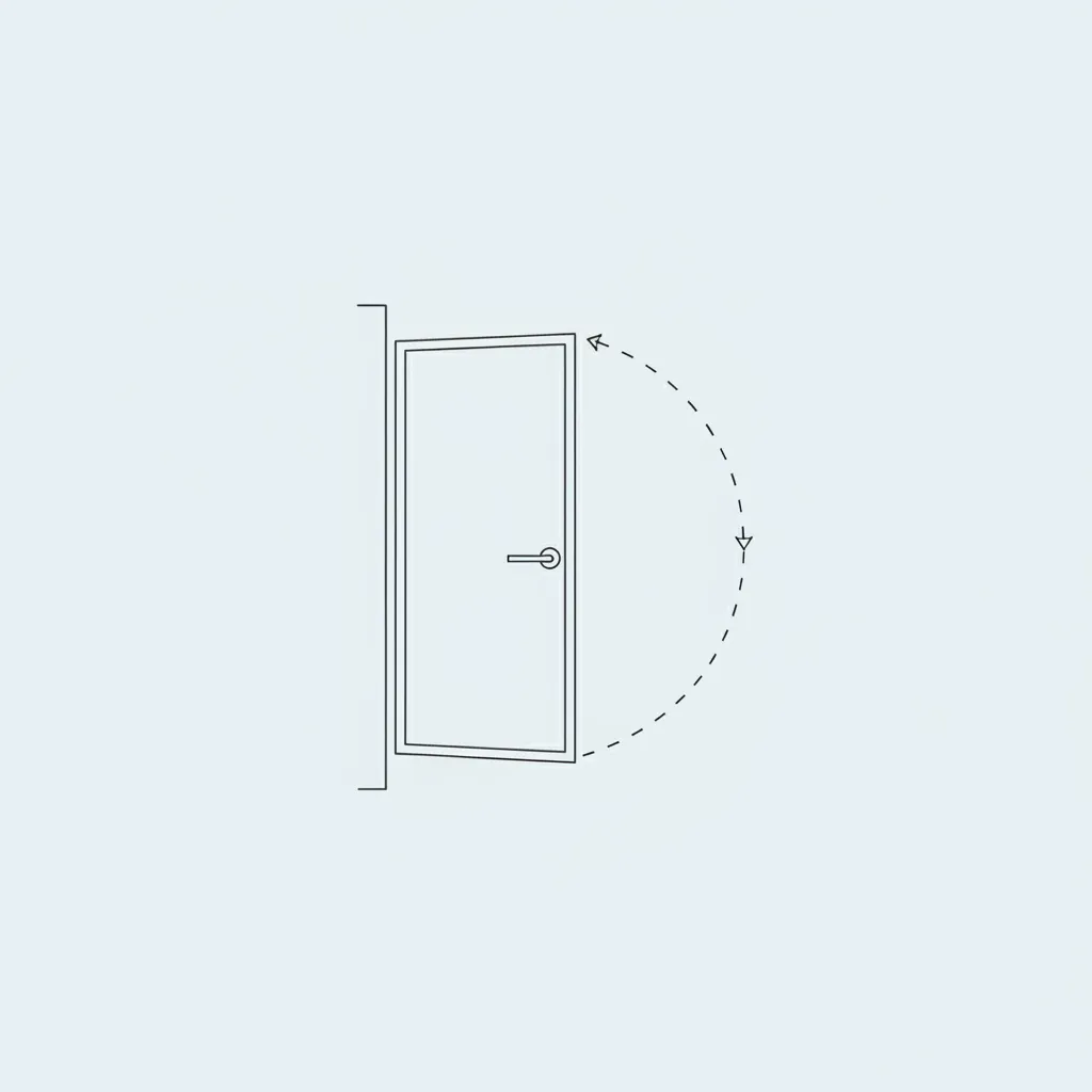 Simple line drawing of a room door showing the swing path for floor plan layout design