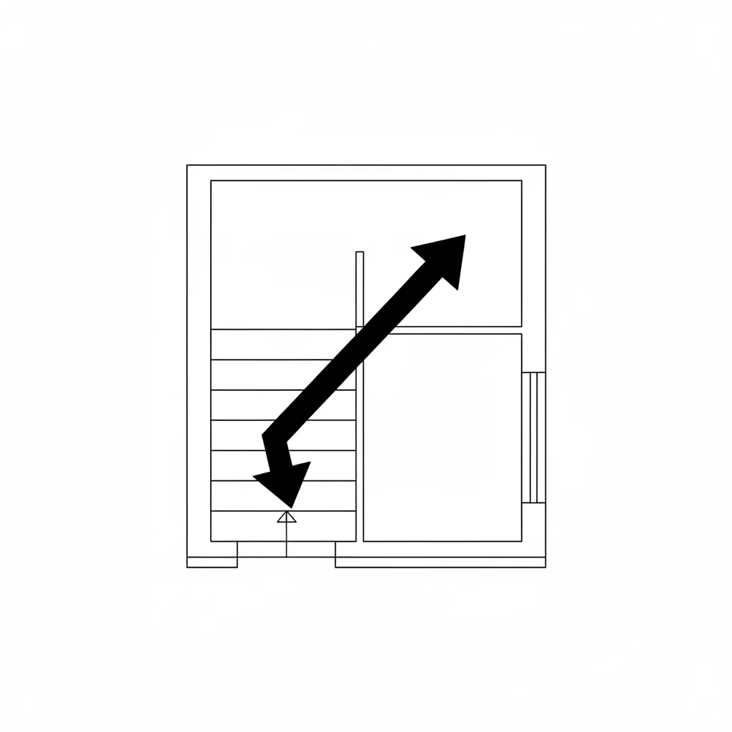 Simple floor plan symbol showing a set of stairs with a large black directional arrow