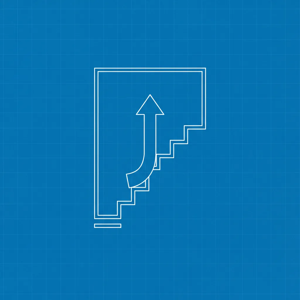 White line icon of indoor stairs with an arrow indicating the direction on blue grid background