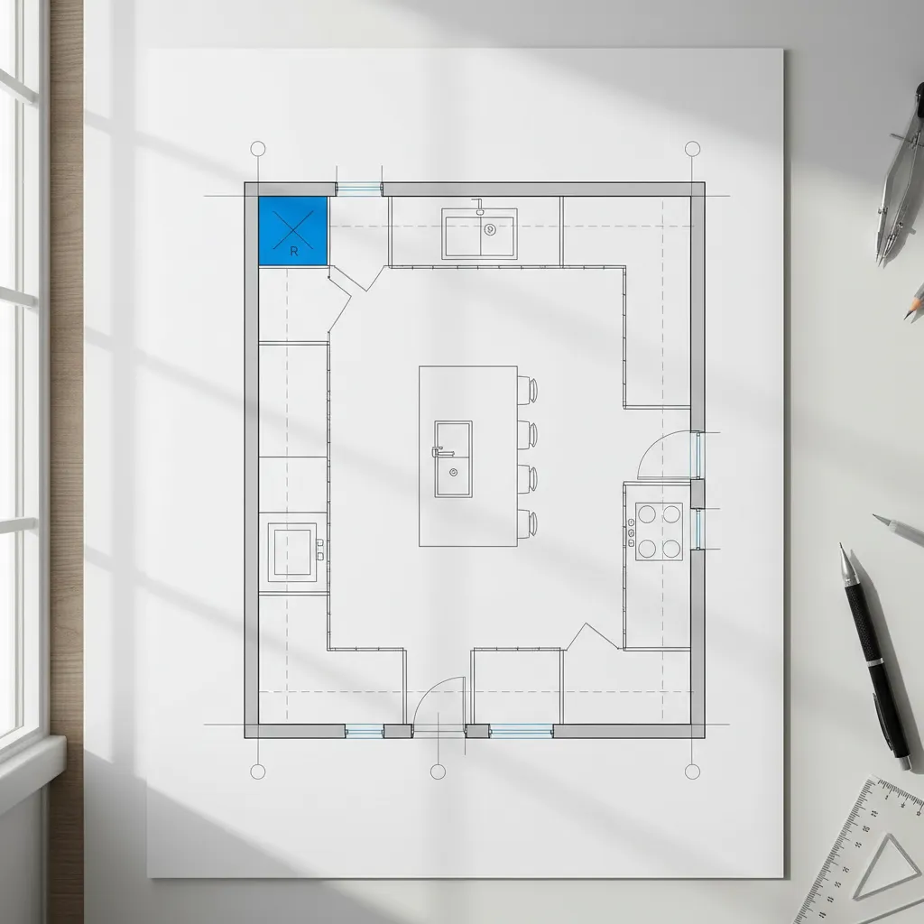 Interior design drawing of kitchen layout with island and blue refrigerator symbol on white paper
