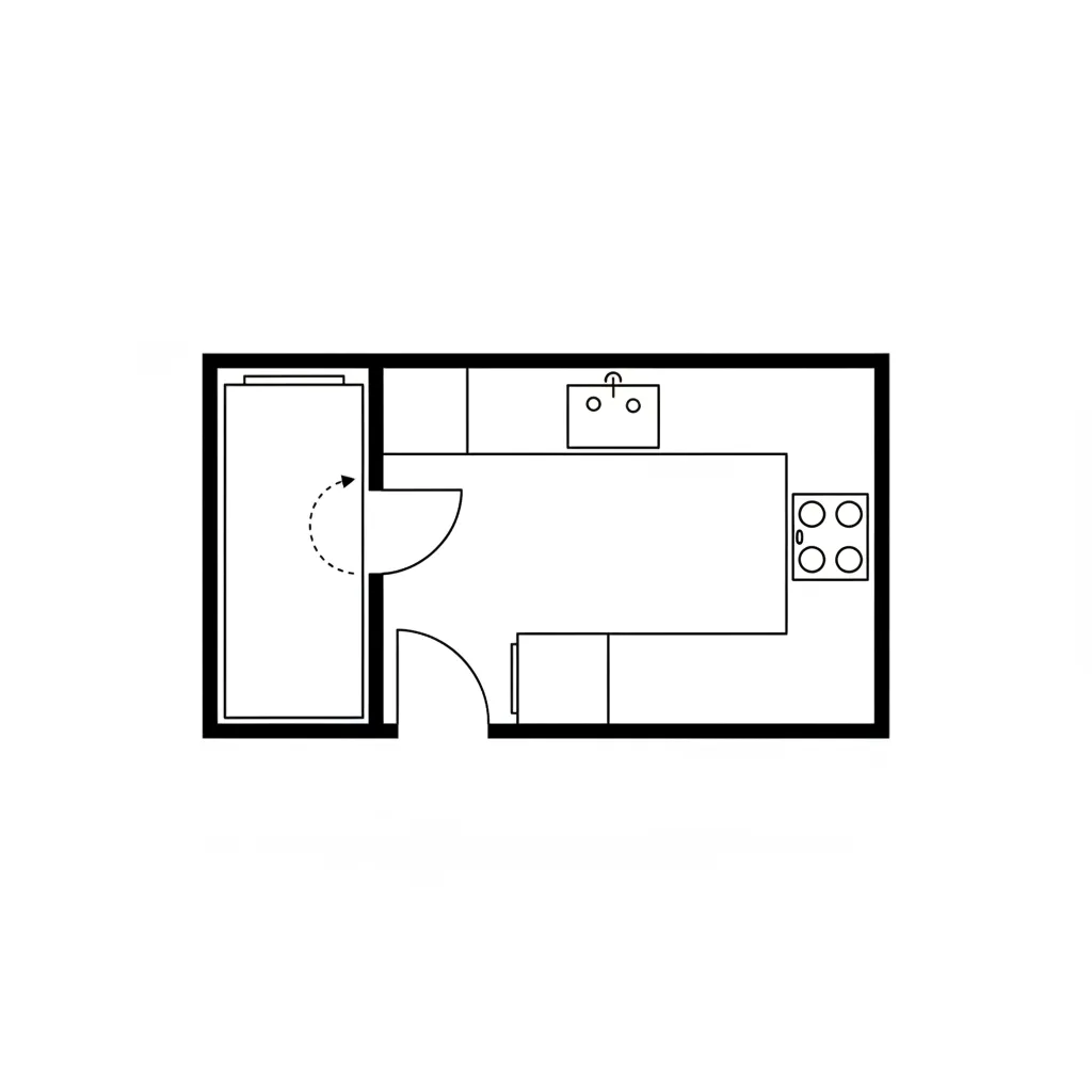 Simple black and white room layout showing a kitchen sink stove and a refrigerator space