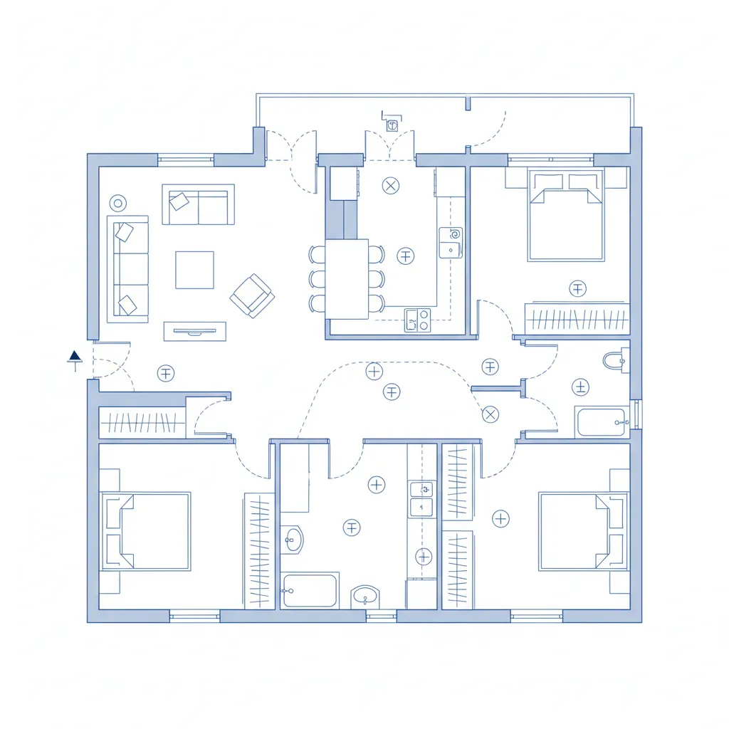 Plano de vivienda con símbolos eléctricos de enchufes, interruptores y puntos de luz