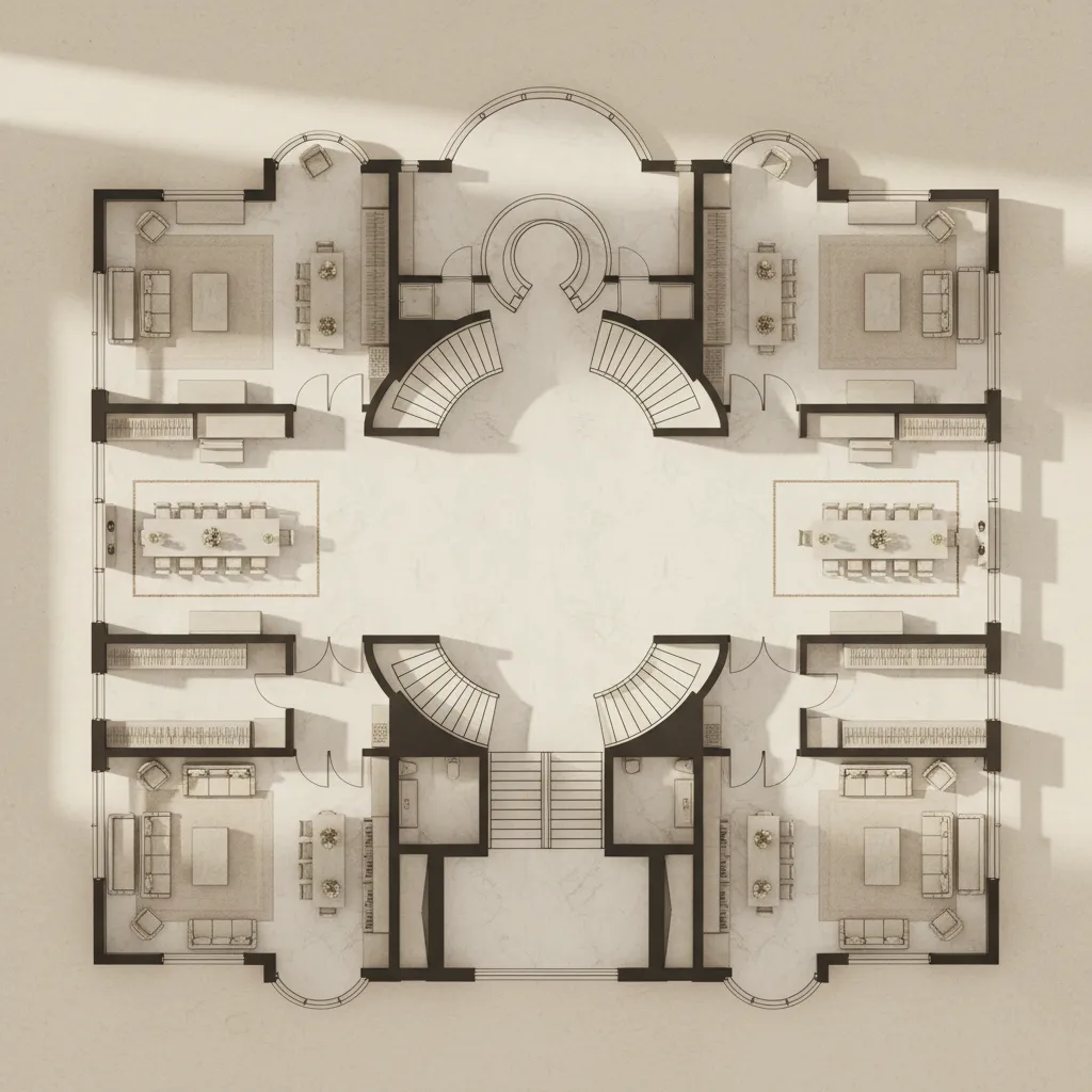 Interior design drawing showing a symmetrical floor plan with curved stairs and several large tables