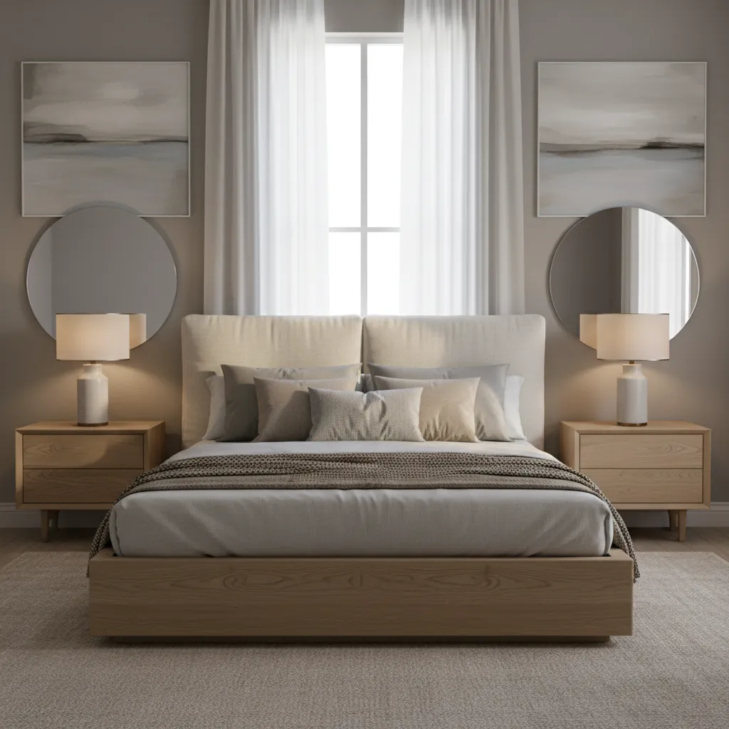 Dormitorio con cama central y mesillas simétricas