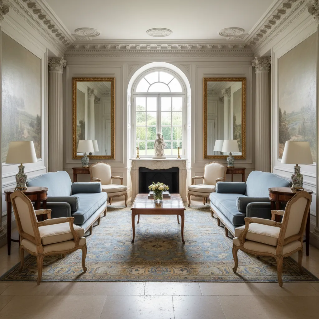 Interior clásico con distribución simétrica de muebles