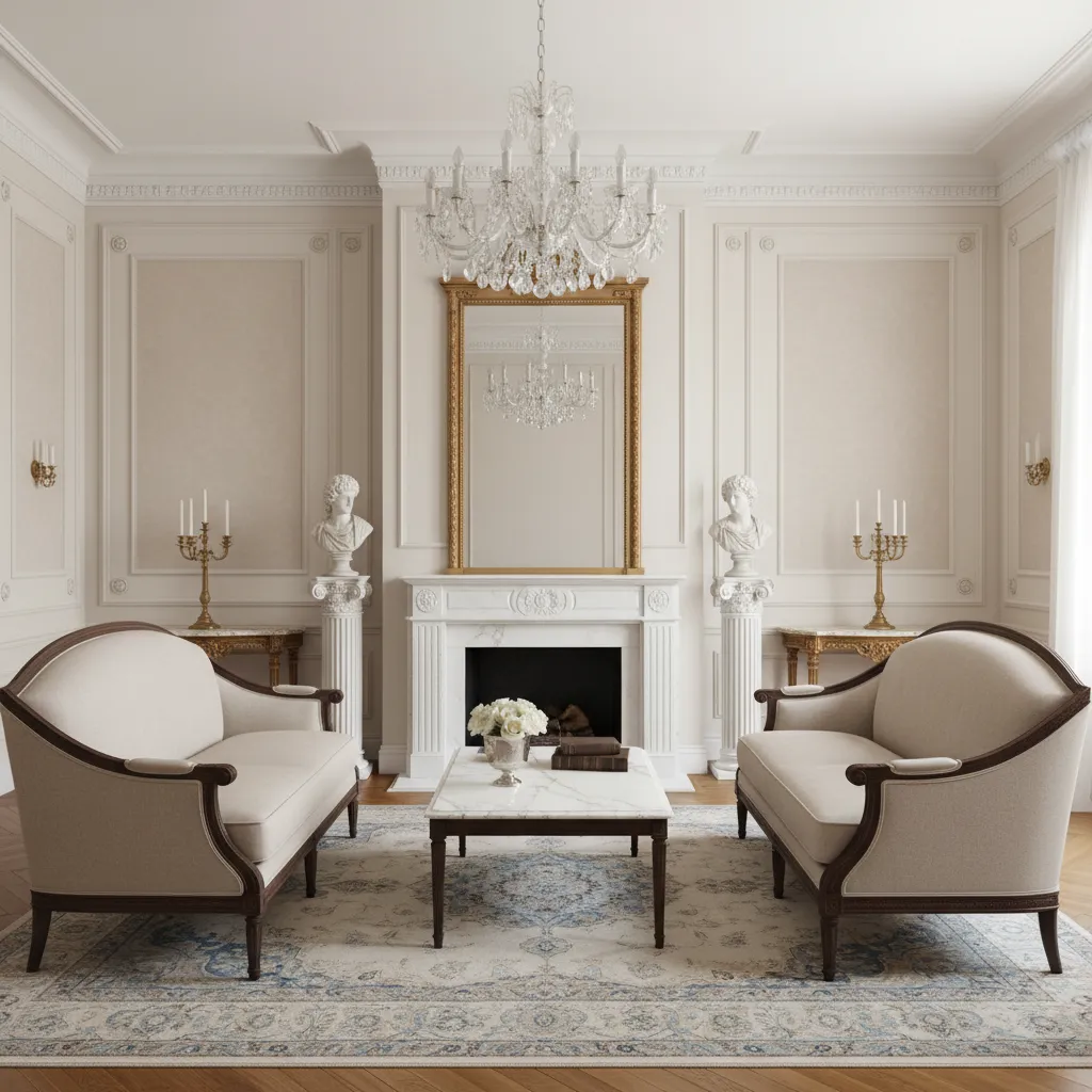 Salón clásico con distribución simétrica y decoración equilibrada