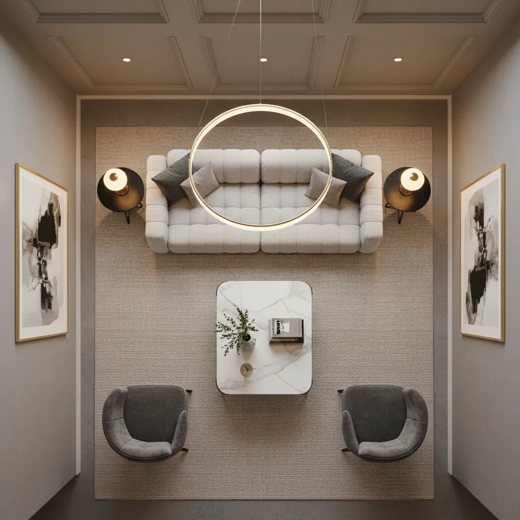 Distribución simétrica de muebles en un salón moderno