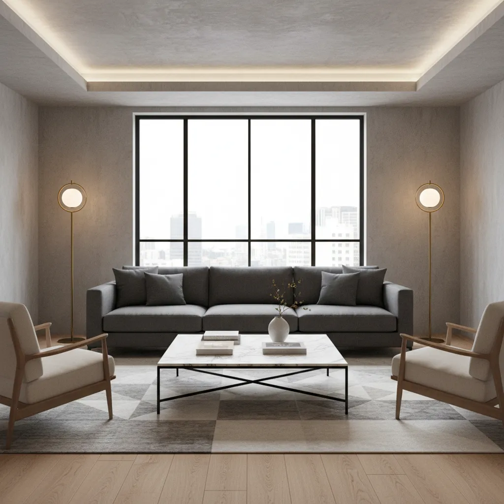 Sala de estar con sofá central y lámparas iguales