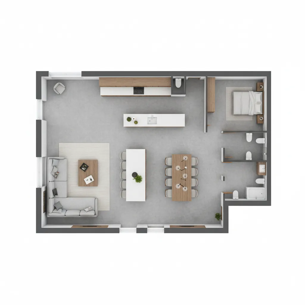 simple open concept layout for a 1200 sq ft house interior design plan