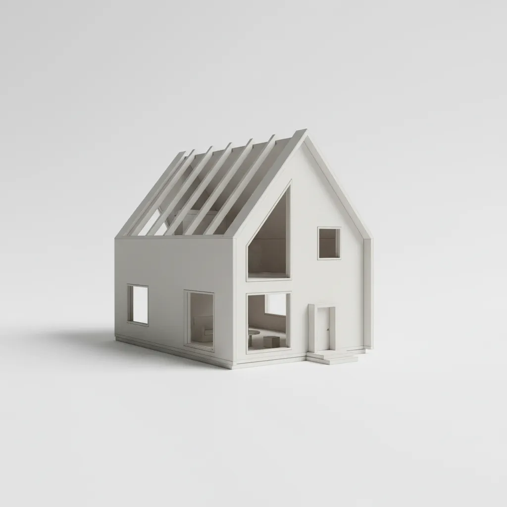 Simple 3D house model with basic structure used for student architectural projects
