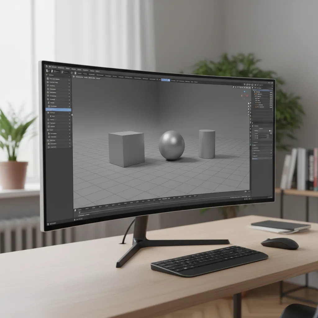 3D modeling software interface showing simple objects like cubes and cylinders