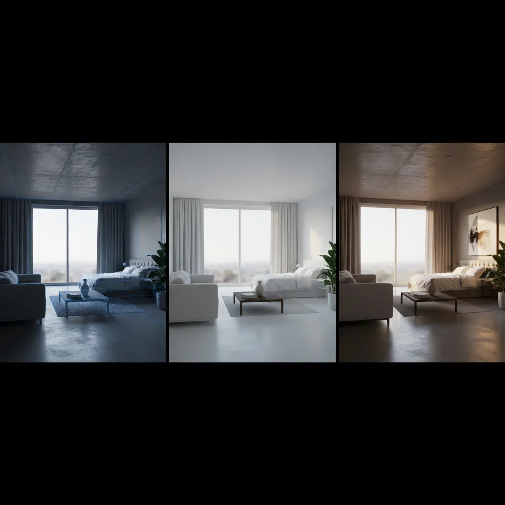 Simple workflow example showing steps of creating a 3D interior render