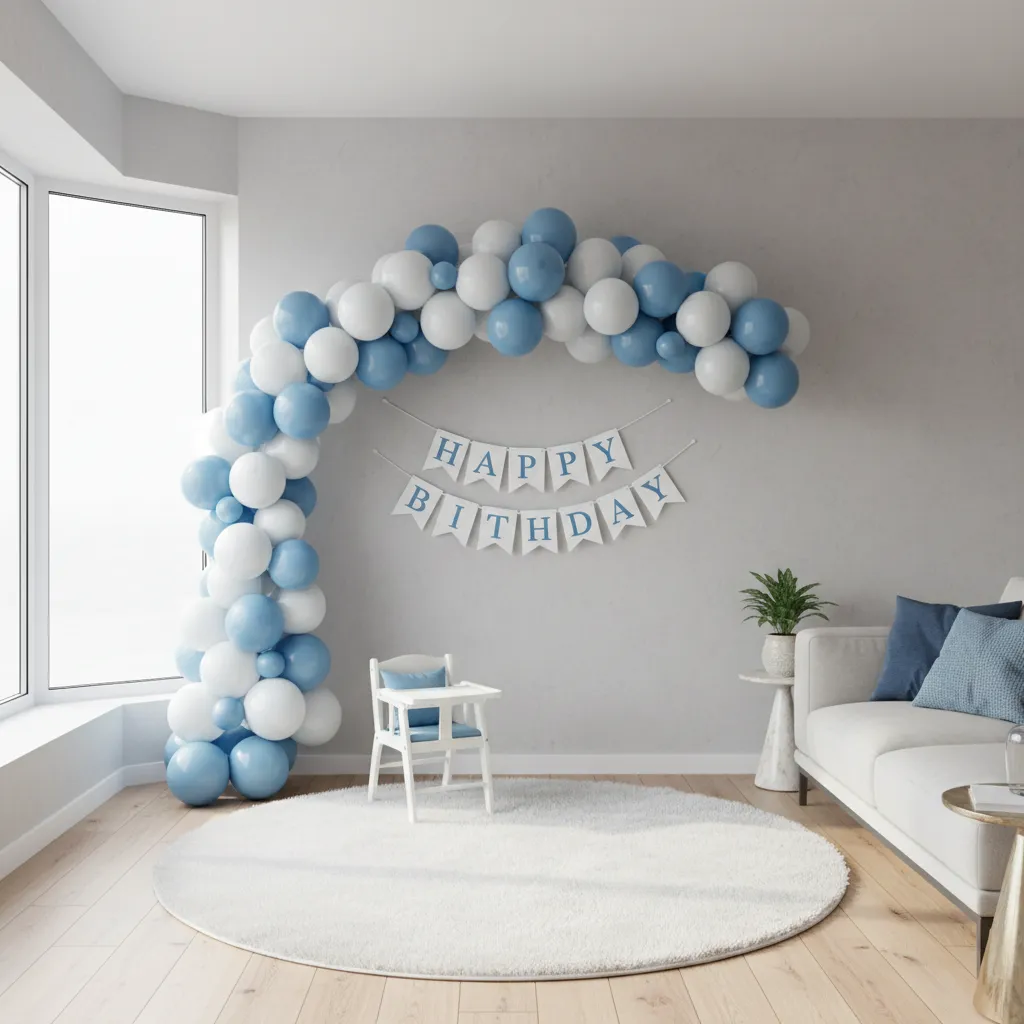 simple baby boy birthday backdrop with balloons and banner at home
