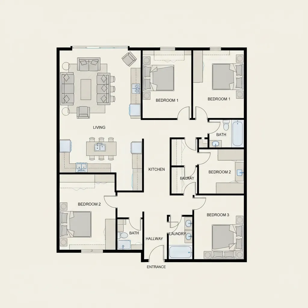 simple rectangular 3 bedroom barndominium floor plan layout
